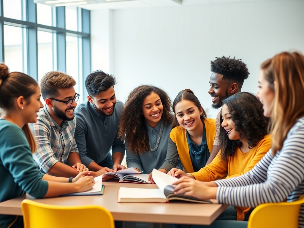 Группа молодых людей обсуждает книги за столом, улыбаются и обмениваются идеями.