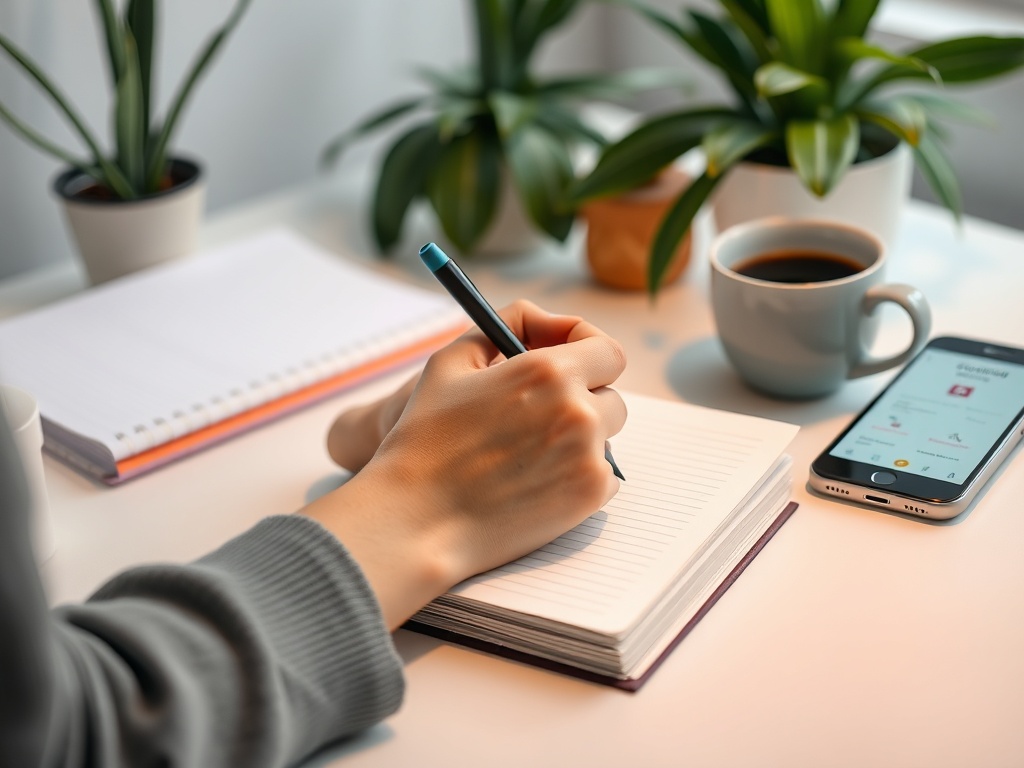 Человек пишет в блокноте на столе, рядом телефон и чашка кофе, вокруг зеленые растения.