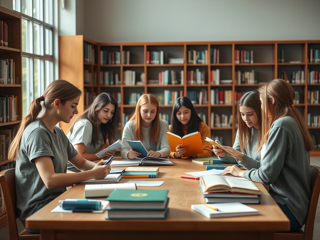 Группа девушек учится в библиотеке, читая книги и работая над заданиями за столом.