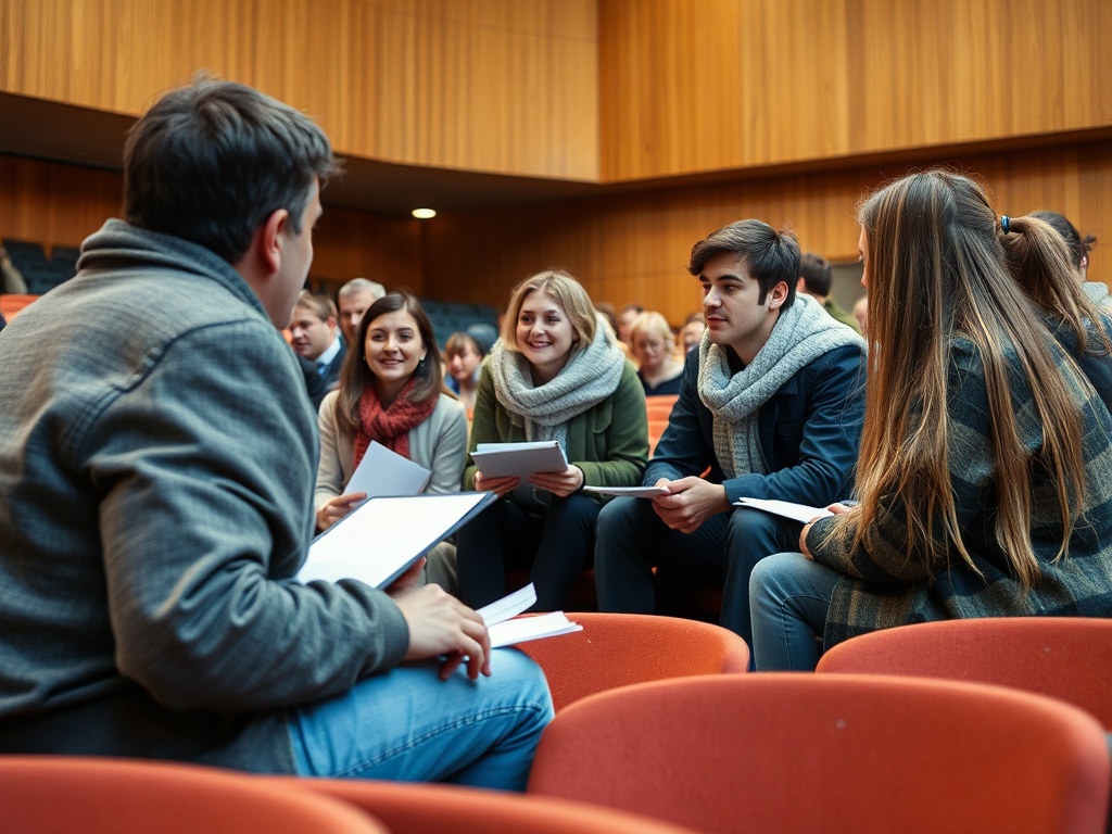 Группа молодых людей обсуждает идеи на мероприятии в зале с деревянными стенами.