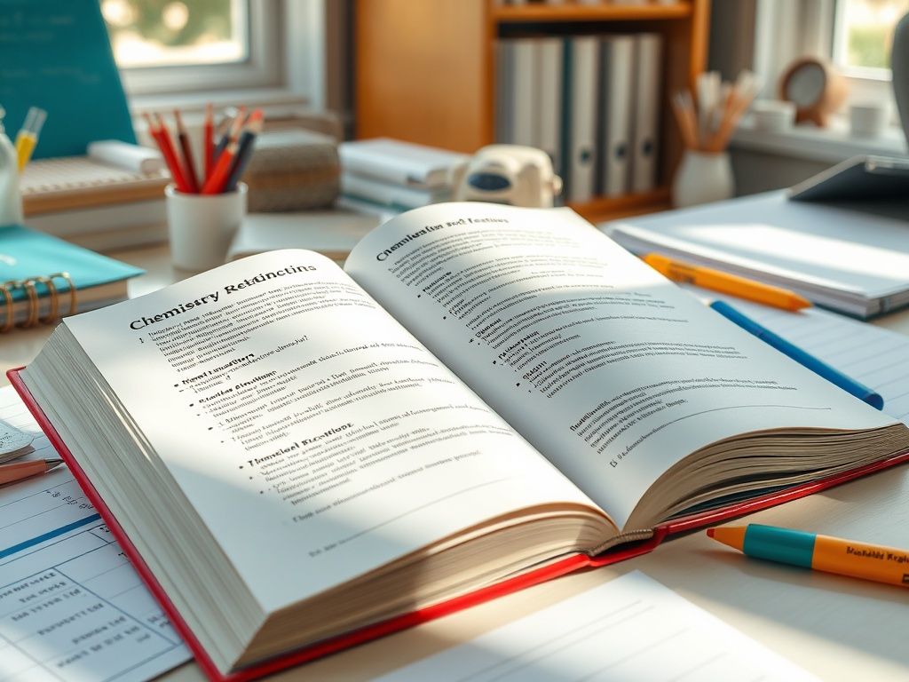 На столе открытая книга по химии, вокруг канцелярские принадлежности и блокноты. Светлое, уютное пространство.