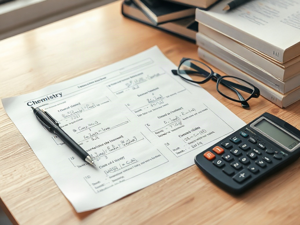 На столе лежат письменная работа по химии, ручка, калькулятор и стопка книг. Очки рядом с бумагой.