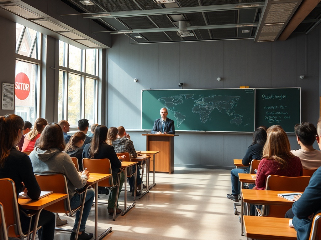 В аудитории преподаватель стоит у доски с картой мира, студенты слушают его речь. Светлое помещение.