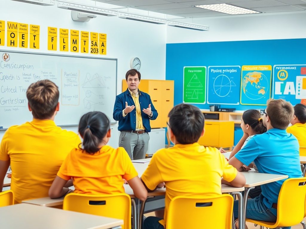 Учитель объясняет материал группе учеников в классе с желтыми тетрадями и учебными стендами.