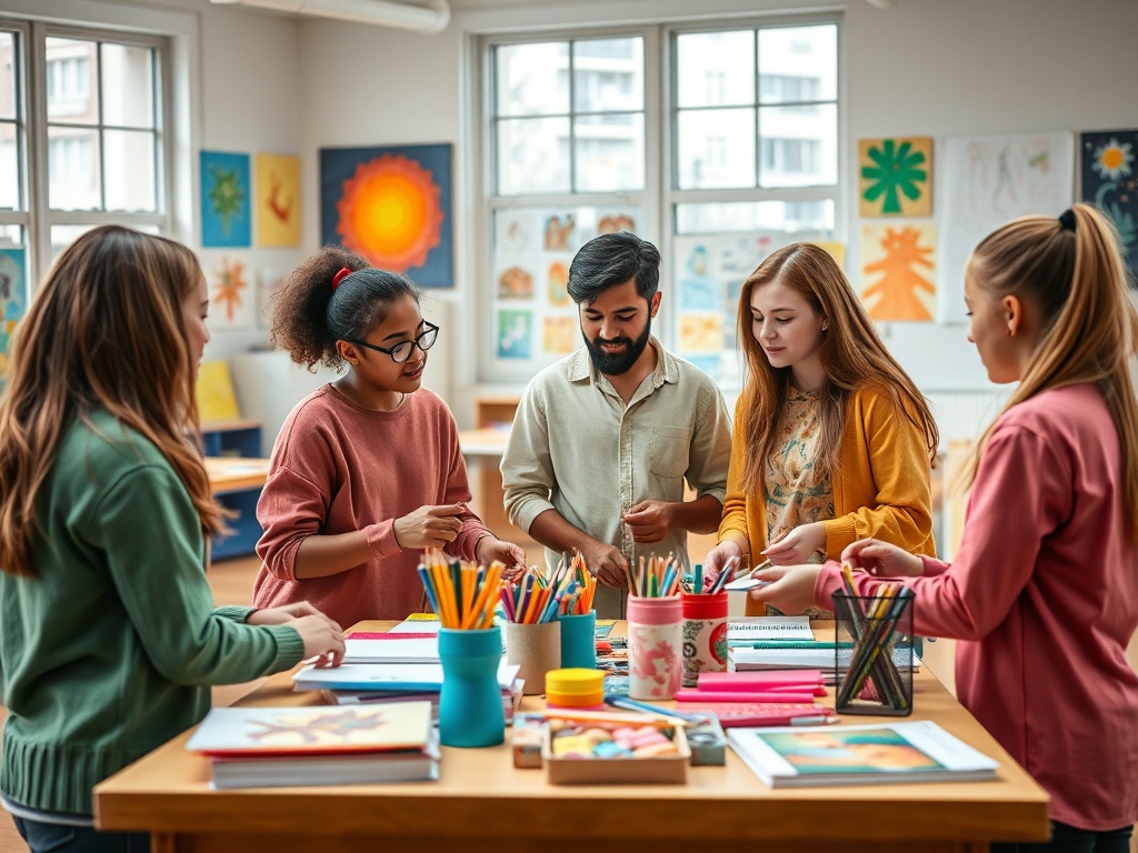 Группа молодых людей работает над художественными проектами в творческой мастерской с яркими материалами.