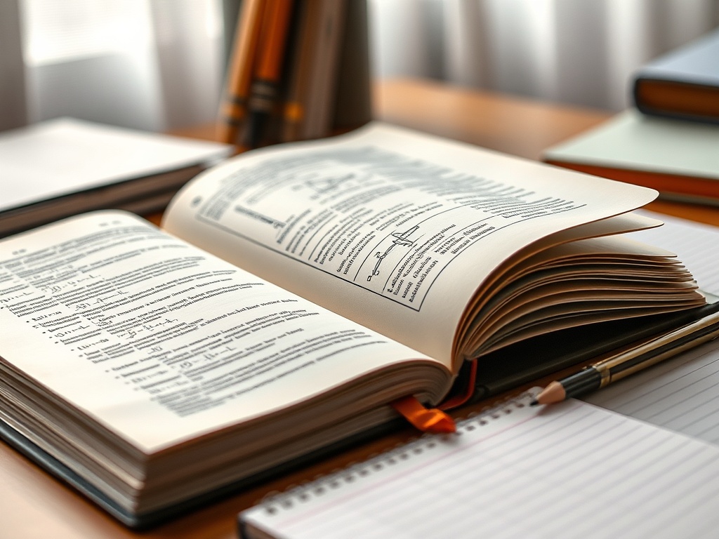 Открытая книга с текстом и иллюстрациями на столе, вокруг блокнот и ручка. Светлая атмосфера.