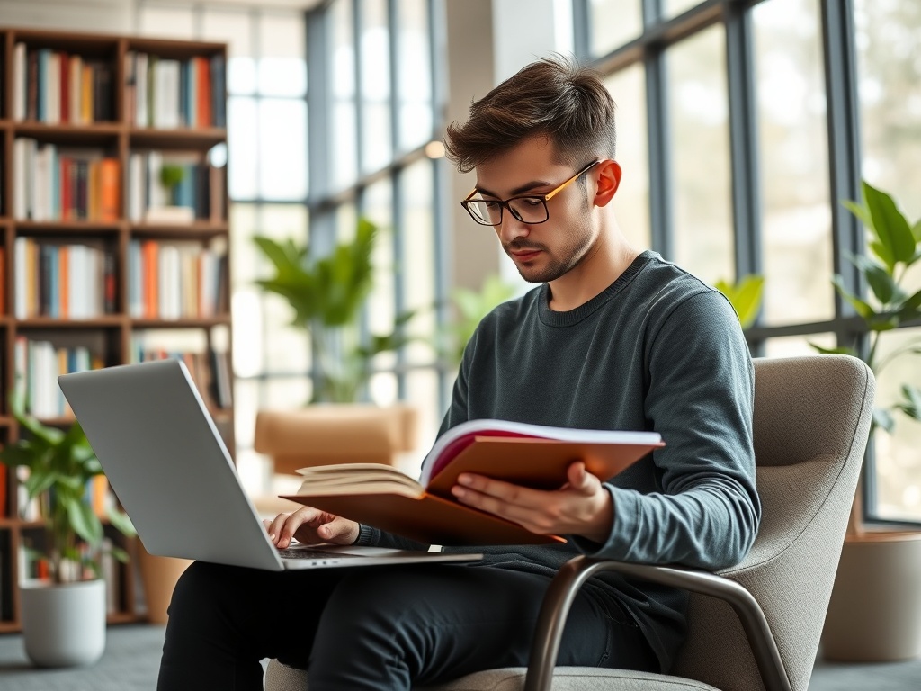 Молодой человек сидит в удобном кресле, читая книгу и работая на ноутбуке в библиотеке.