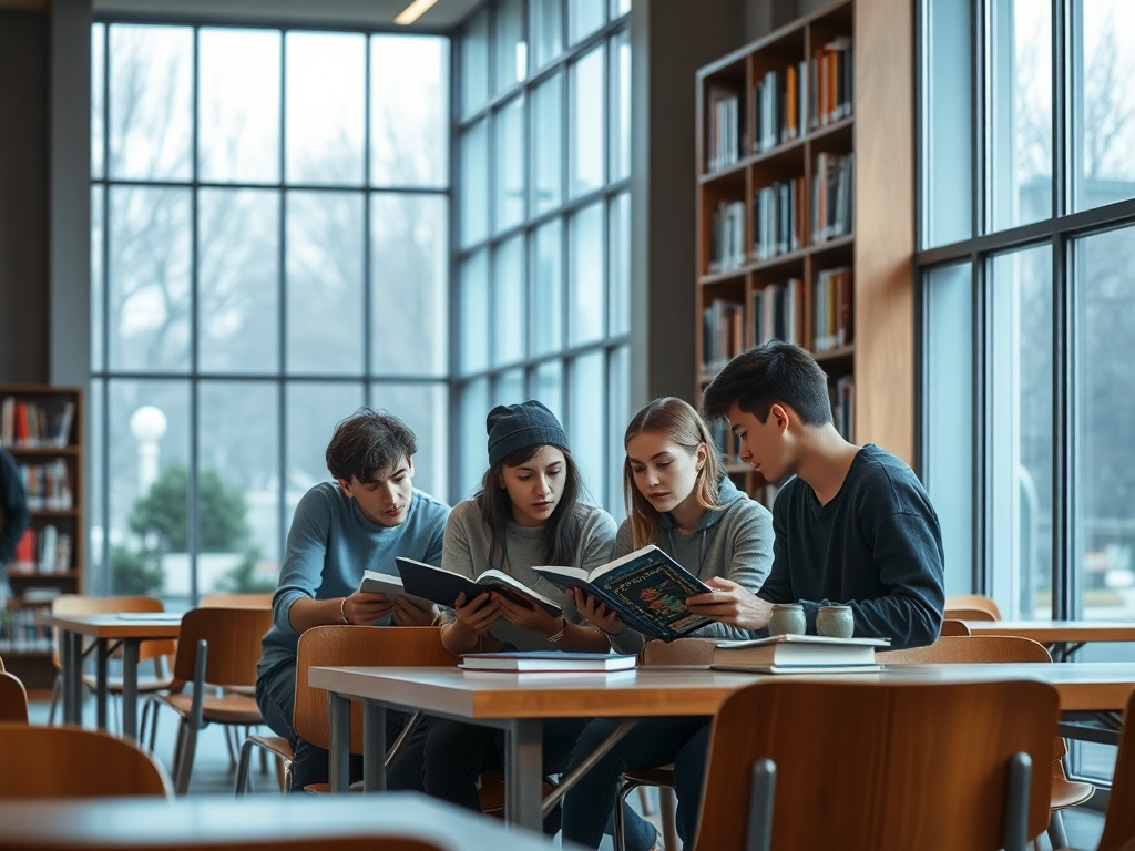 Четыре человека сидят за столом в библиотеке и читают книги, обсуждая прочитанное друг с другом.