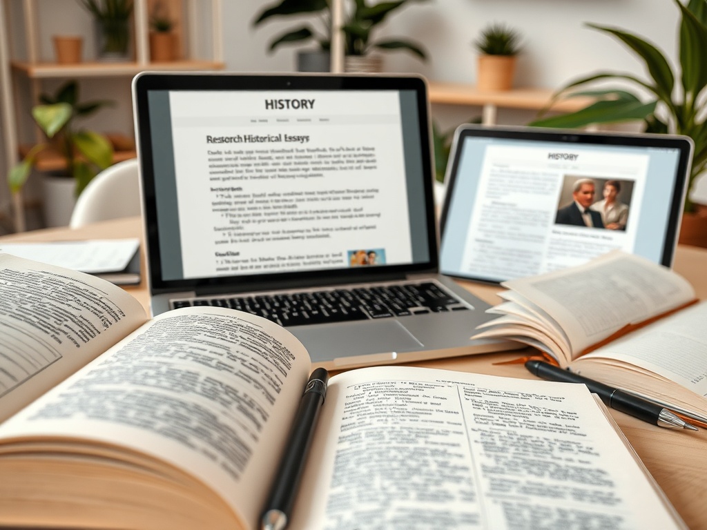 На столе ноутбук и планшет с текстами истории, рядом открытые книги и ручка. Интеллектуальная атмосфера.