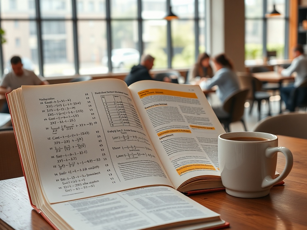 Открытая книга с математическими формулами и чашка кофе на столе в кафе, с людьми на заднем плане.