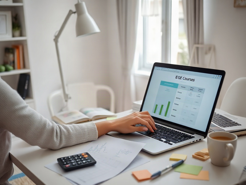 На столе ноутбук с графиками, блокнот, калькулятор и чашка кофе в уютном домашнем офисе.