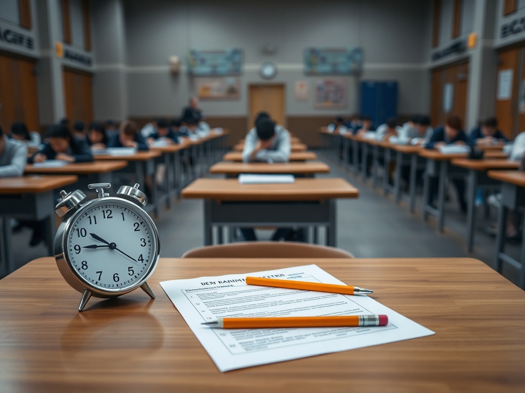 Часы, экзаменационные листы и карандаши на парте в классе, заполненном учениками.