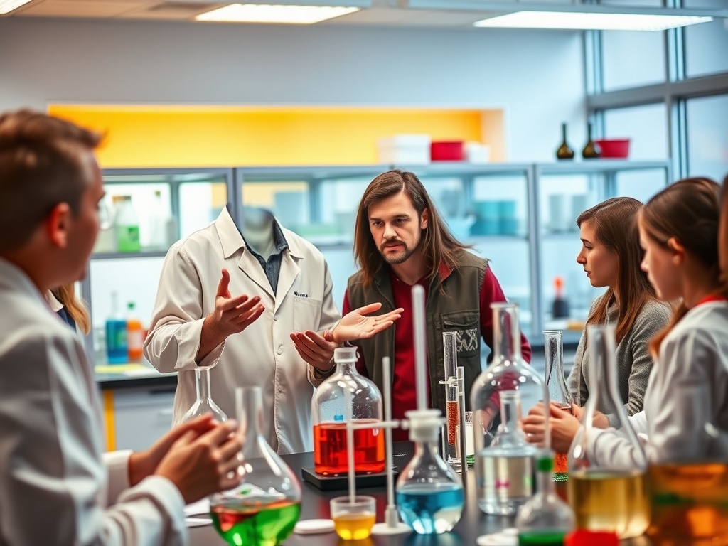 Группа ученых обсуждает эксперименты в лаборатории с использованием различных химических реактивов.