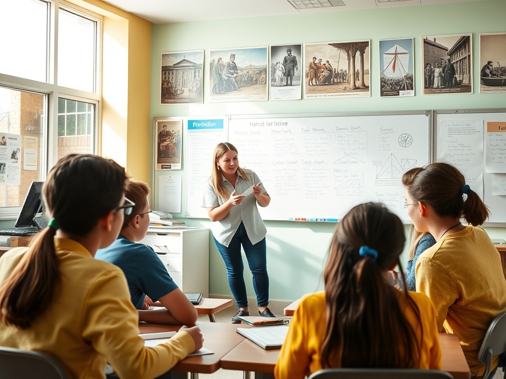 На уроке учитель объясняет материал группе студентов. На фоне плакаты и доска с записями.