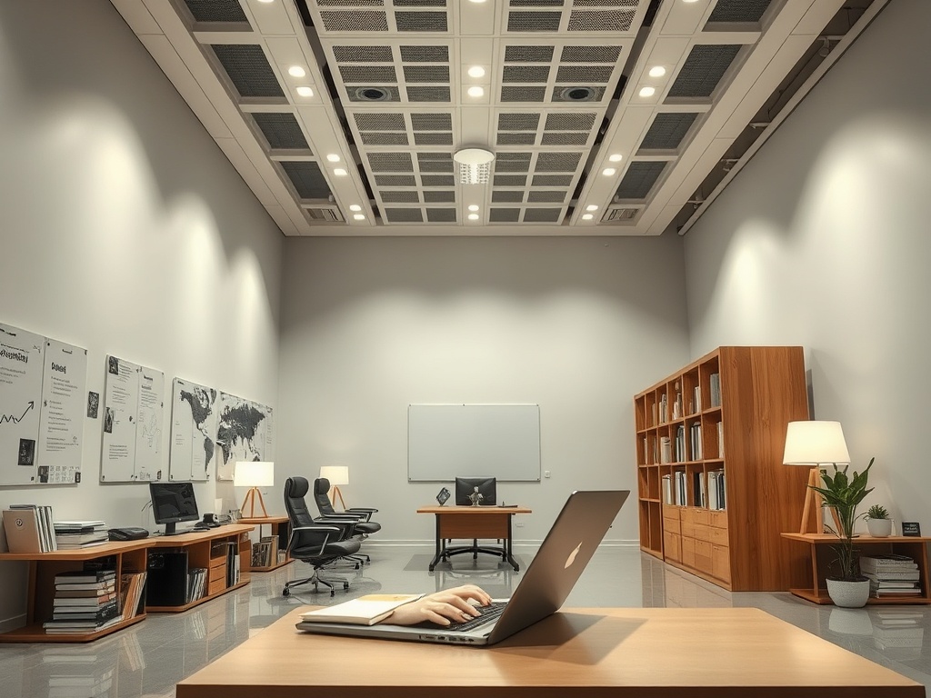 Современный офис с деревянной мебелью, ноутбуком и стенами с картами и графиками. Стильный и минималистичный.