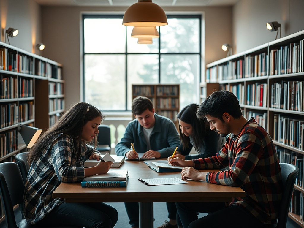 Группа студентов усердно занимается за столом в библиотеке, окружённая полками с книгами.