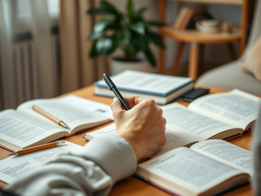На столе книги и ручка, кто-то делает заметки, окружённый уютной атмосферой.