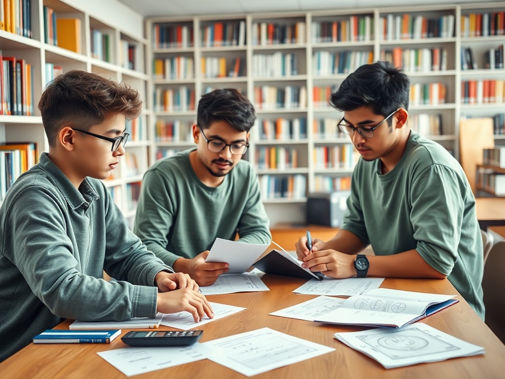 В библиотеке трое молодых людей занимаются учебой, обсуждая документы и записывая заметки.