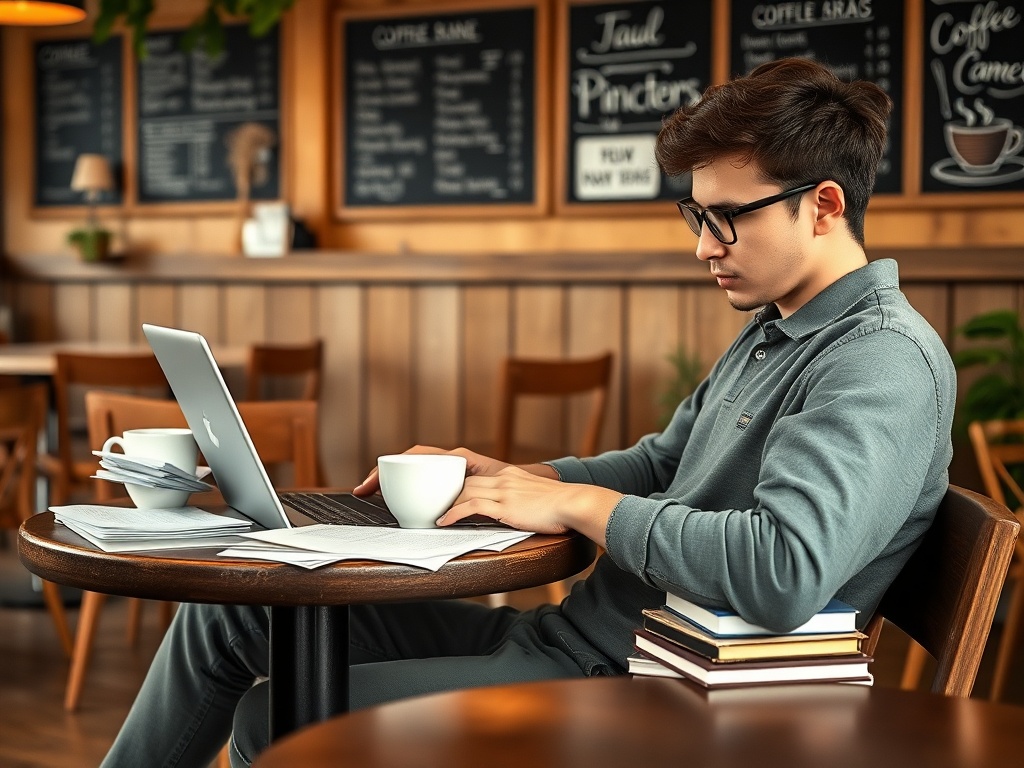 Молодой человек сидит в кафе с ноутбуком и чашкой кофе, вокруг бумаги и книги.